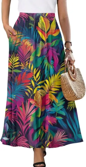 Irisjudy Butterfly Moon Women's Long Maxi Skirts Hawaii Beach Vintage Ankle-Length Pleated Skirts Fire Flame Maxi Long Skirt