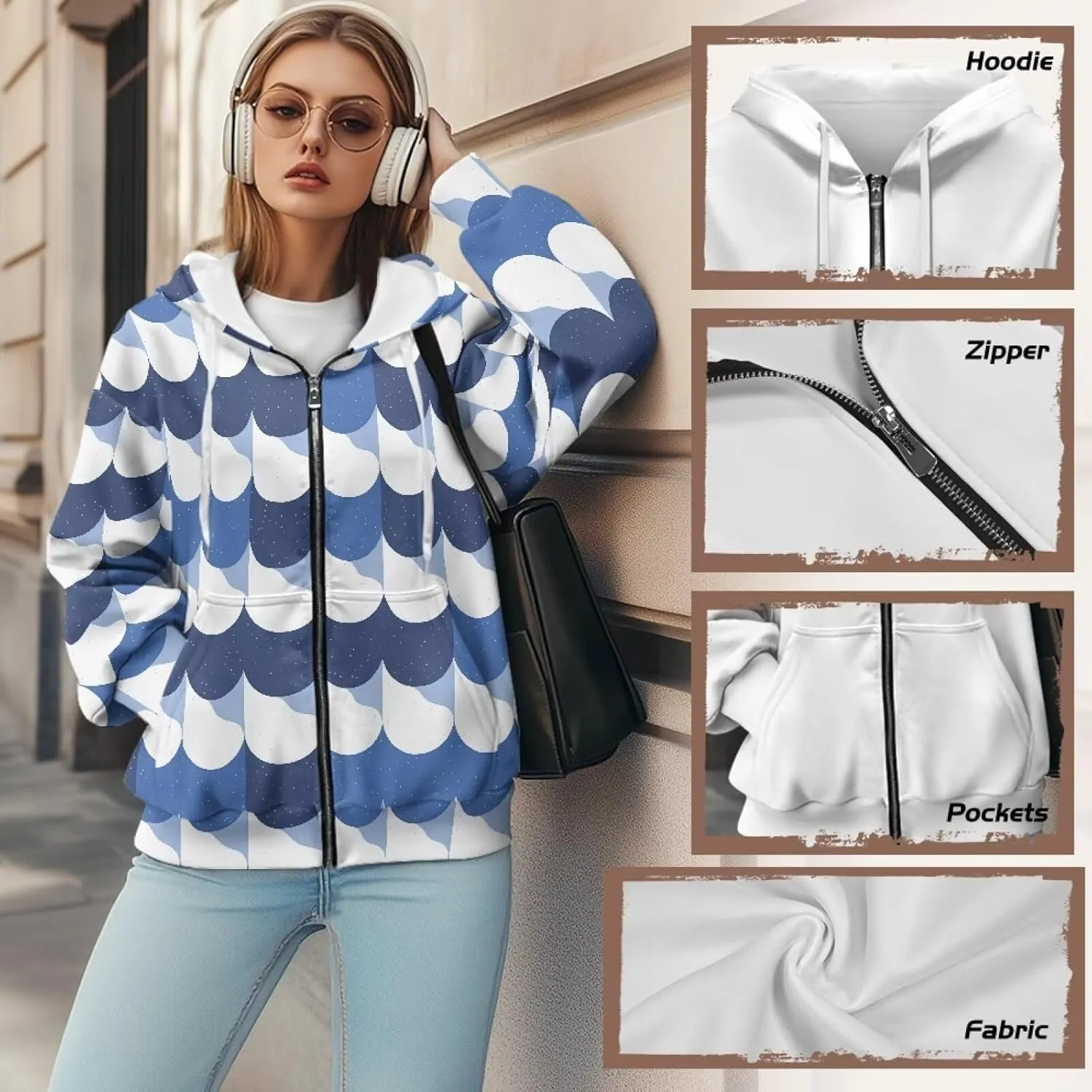 Irisjudy Loose Hoodies for Women Van Gogh Starry Night Zip Up Hoodie Y2k Hooded with Pocket Island Totem Oversized Sweatshirt