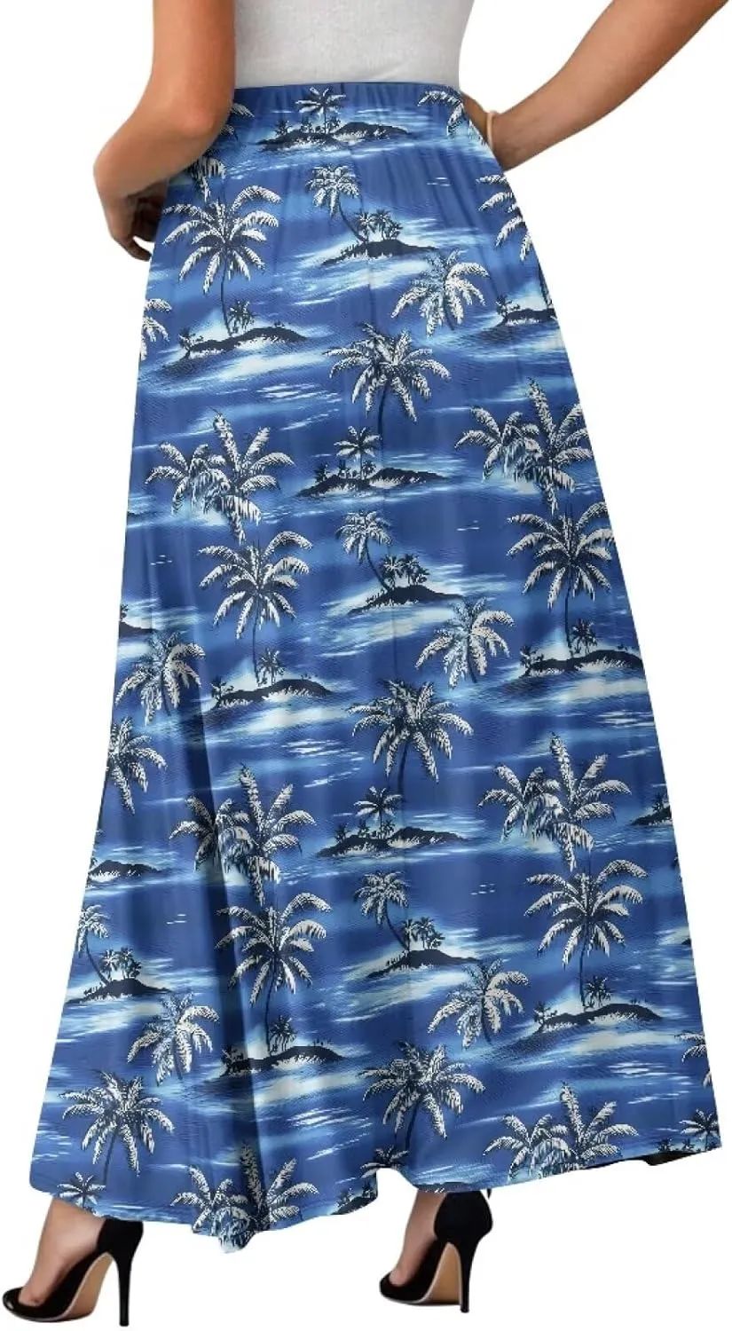 Irisjudy Maxi Skirts for Women with Pockets Retro Flower Bird A Line Beach Vacation Dress Tropical Fruit Flowy Long Skirts