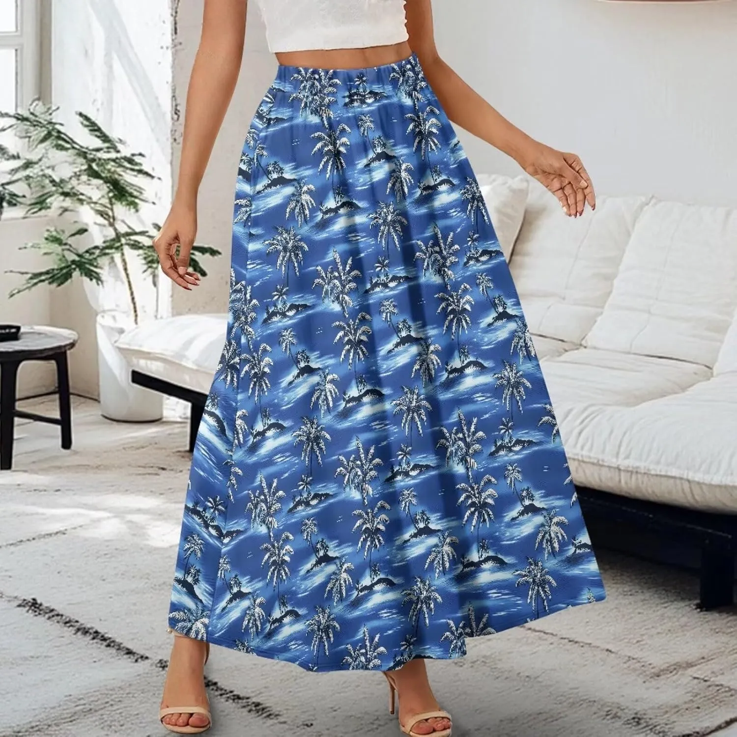 Irisjudy Maxi Skirts for Women with Pockets Retro Flower Bird A Line Beach Vacation Dress Tropical Fruit Flowy Long Skirts