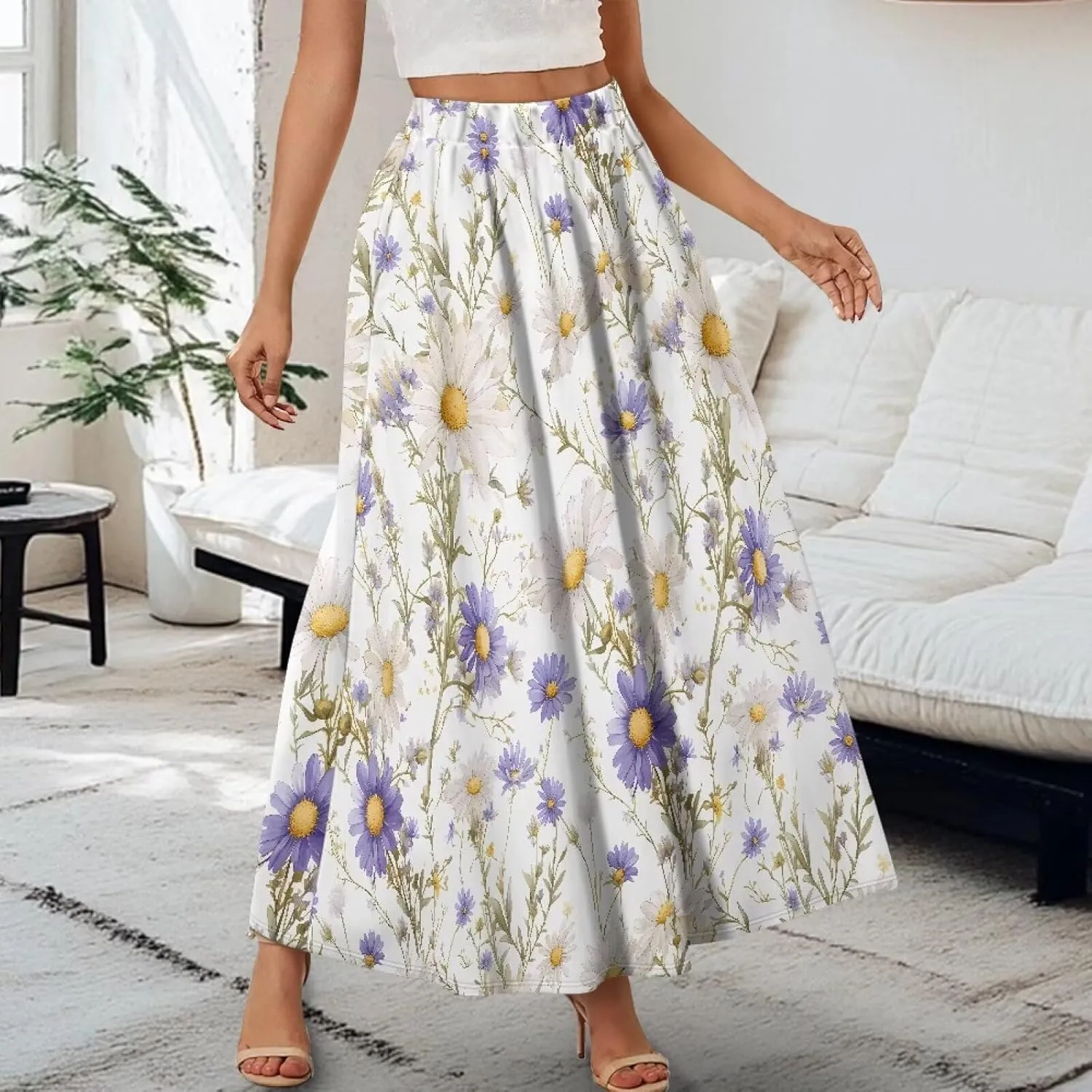 Irisjudy Maxi Skirts for Women with Pockets Retro Flower Bird A Line Beach Vacation Dress Tropical Fruit Flowy Long Skirts