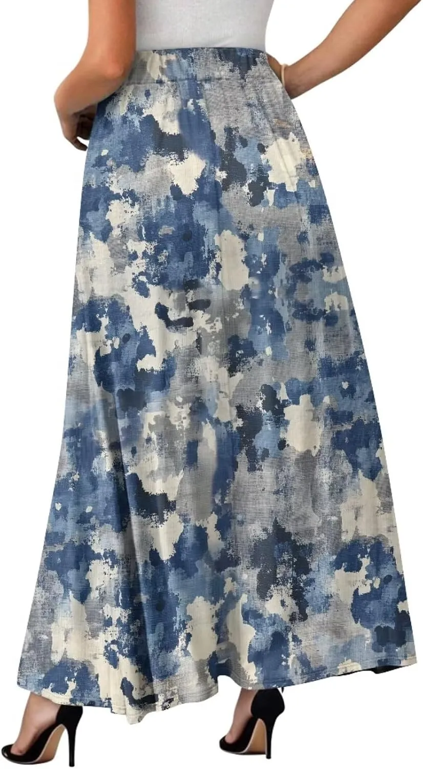 Irisjudy Maxi Skirts for Women with Pockets Retro Flower Bird A Line Beach Vacation Dress Tropical Fruit Flowy Long Skirts