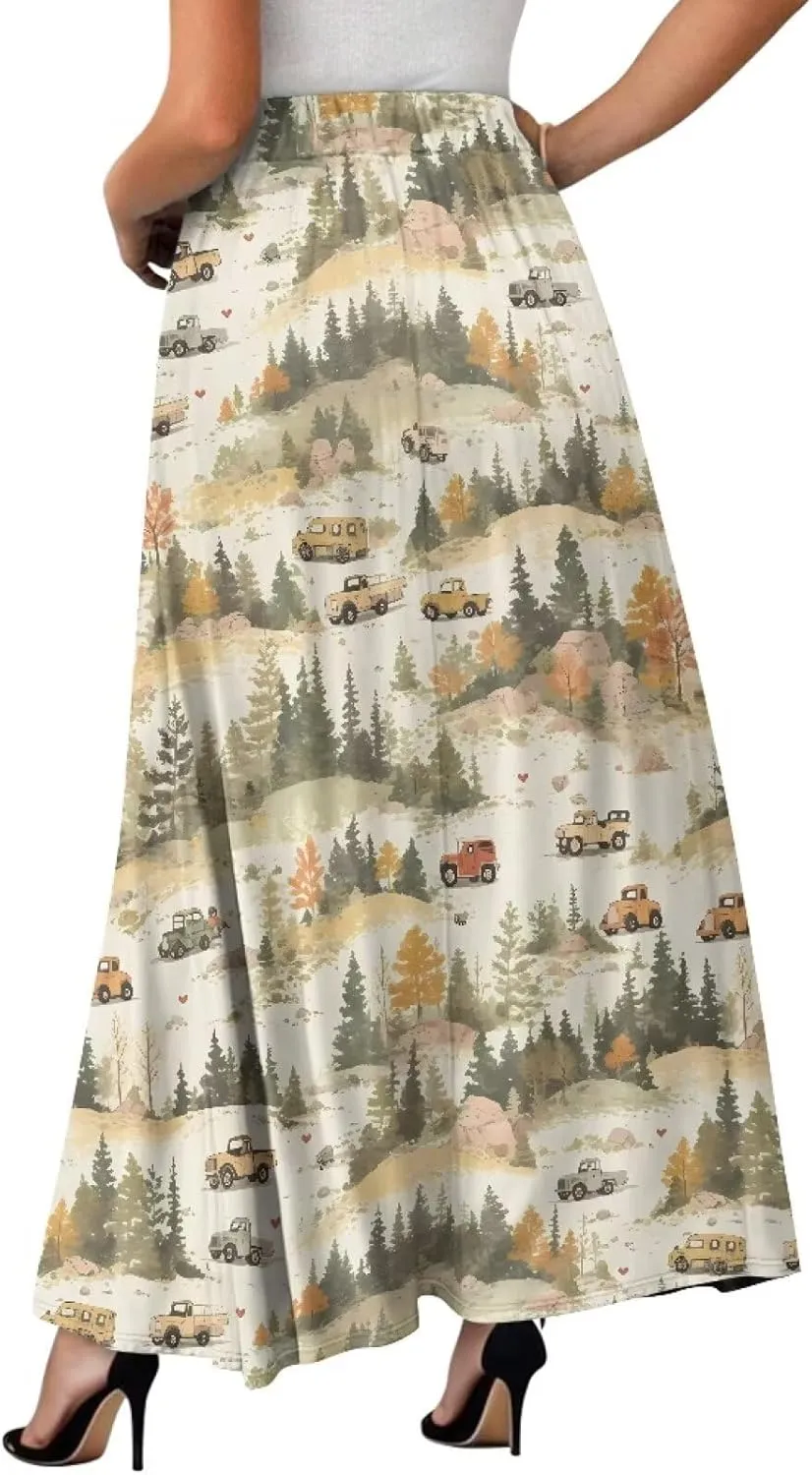 Irisjudy Maxi Skirts for Women with Pockets Retro Flower Bird A Line Beach Vacation Dress Tropical Fruit Flowy Long Skirts