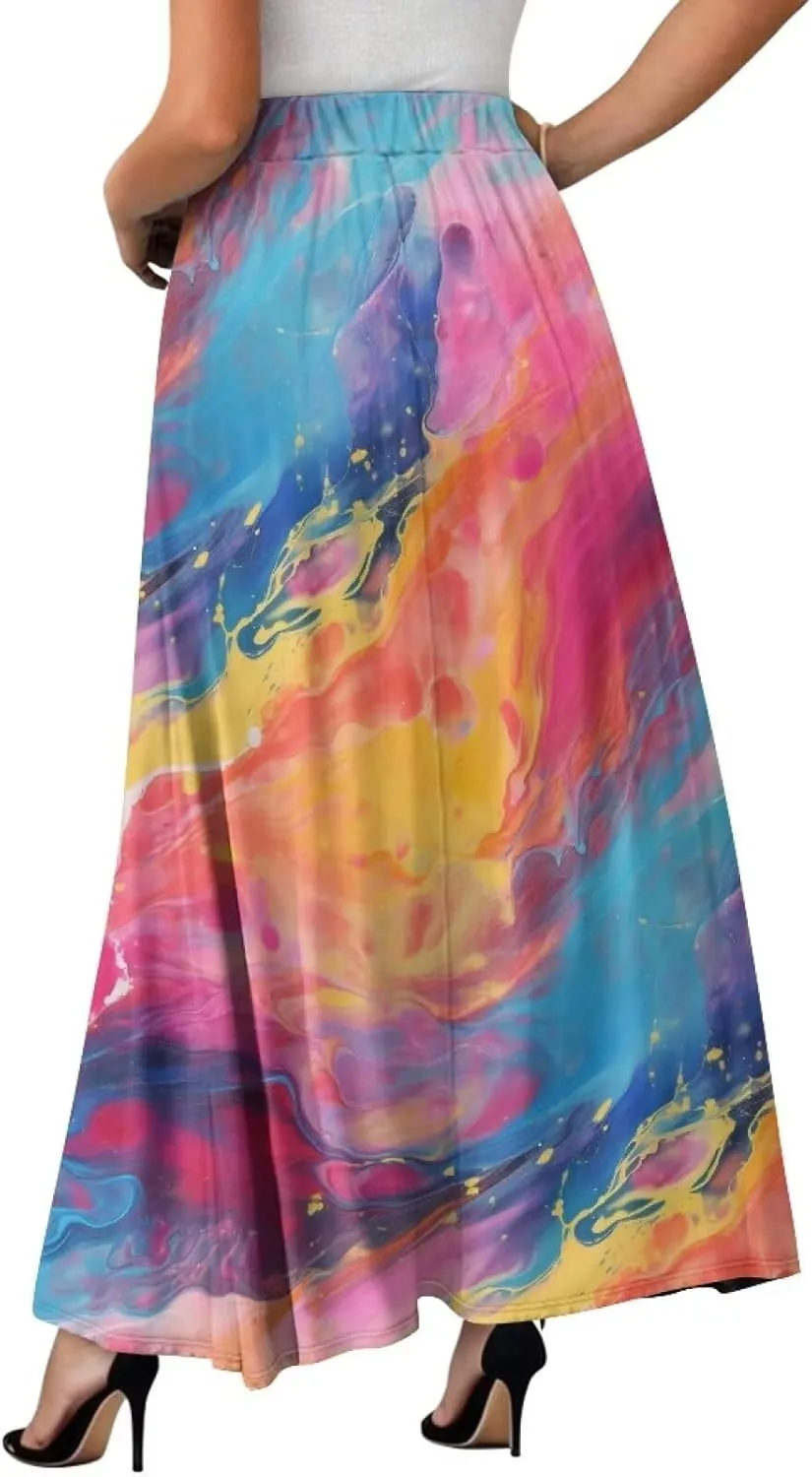 Irisjudy Maxi Skirts for Women with Pockets Retro Flower Bird A Line Beach Vacation Dress Tropical Fruit Flowy Long Skirts