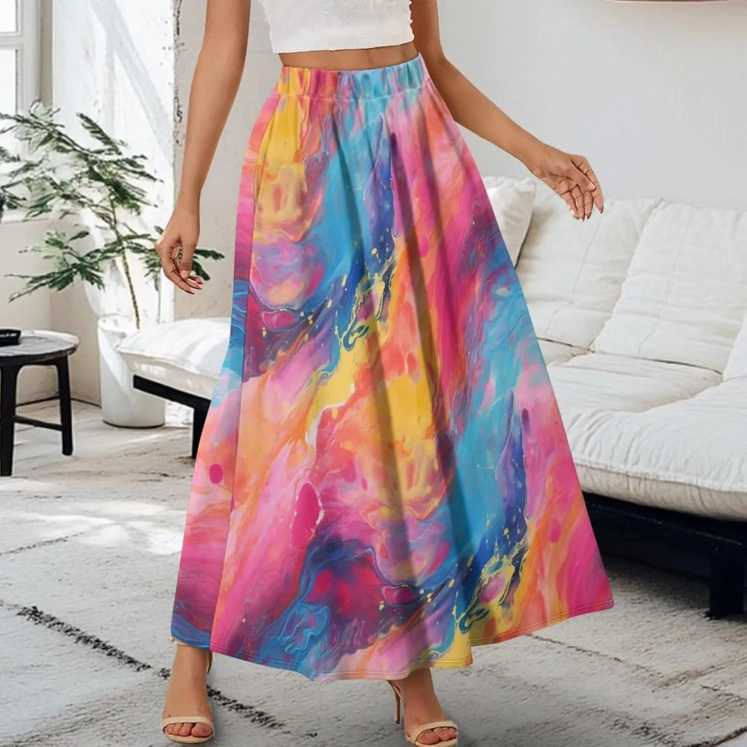 Irisjudy Maxi Skirts for Women with Pockets Retro Flower Bird A Line Beach Vacation Dress Tropical Fruit Flowy Long Skirts