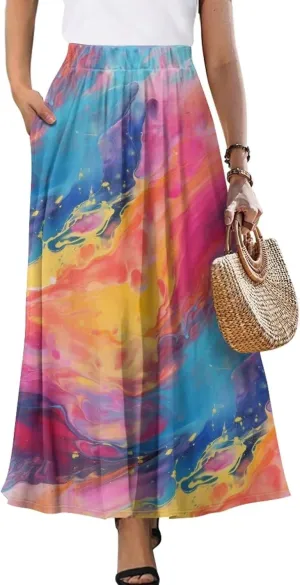 Irisjudy Maxi Skirts for Women with Pockets Retro Flower Bird A Line Beach Vacation Dress Tropical Fruit Flowy Long Skirts