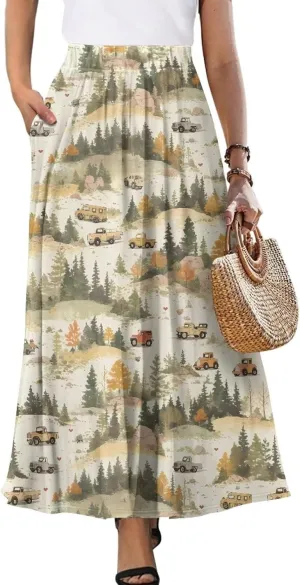 Irisjudy Maxi Skirts for Women with Pockets Retro Flower Bird A Line Beach Vacation Dress Tropical Fruit Flowy Long Skirts