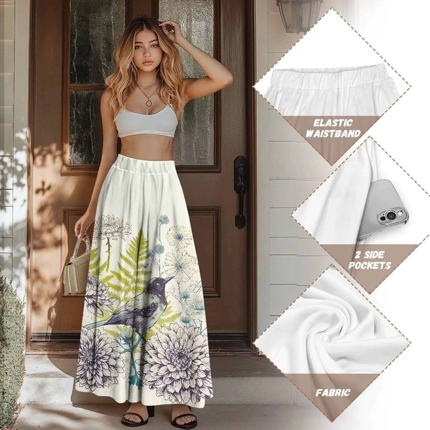 Irisjudy Maxi Skirts for Women with Pockets Retro Flower Bird A Line Beach Vacation Dress Tropical Fruit Flowy Long Skirts