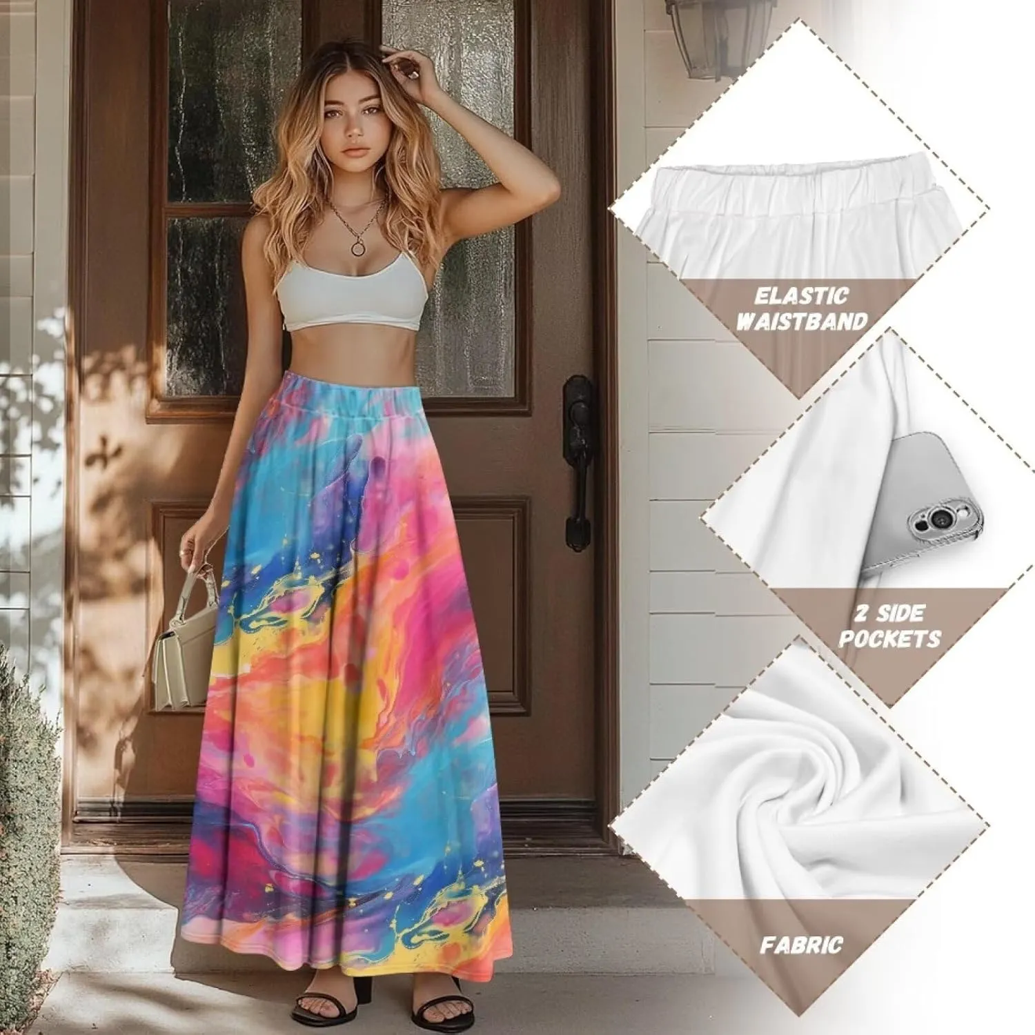 Irisjudy Maxi Skirts for Women with Pockets Retro Flower Bird A Line Beach Vacation Dress Tropical Fruit Flowy Long Skirts