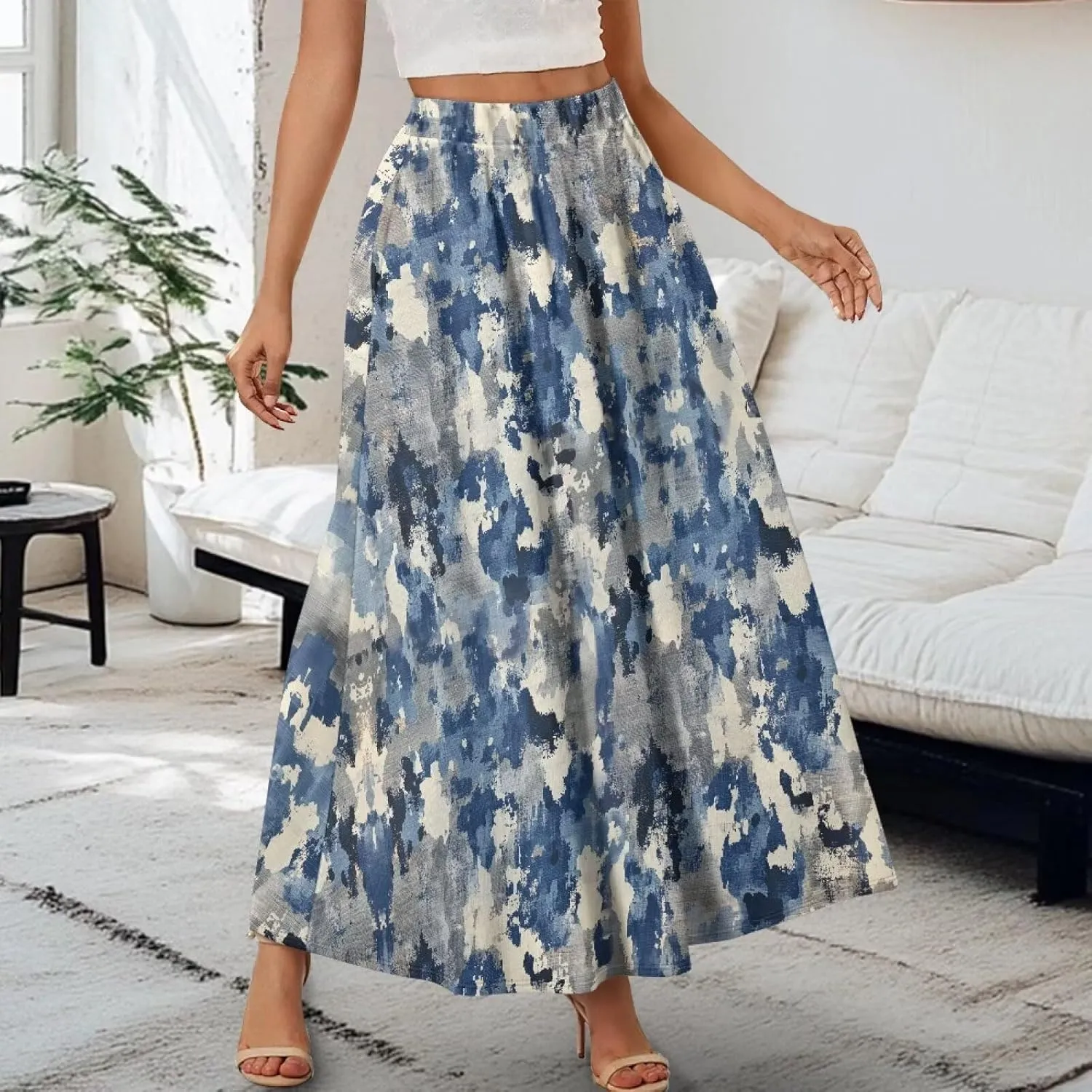 Irisjudy Maxi Skirts for Women with Pockets Retro Flower Bird A Line Beach Vacation Dress Tropical Fruit Flowy Long Skirts