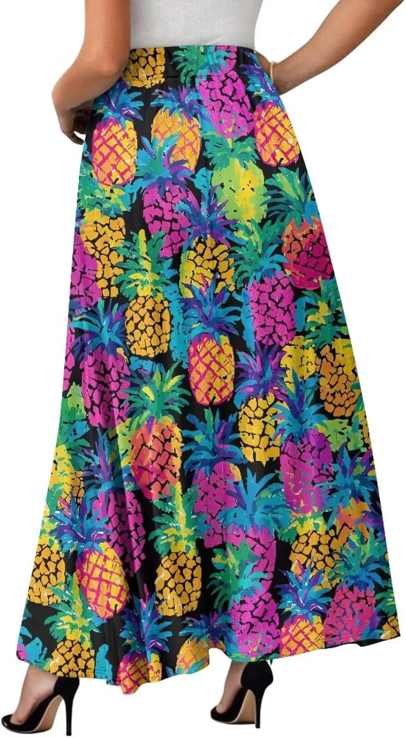 Irisjudy Maxi Skirts for Women with Pockets Retro Flower Bird A Line Beach Vacation Dress Tropical Fruit Flowy Long Skirts