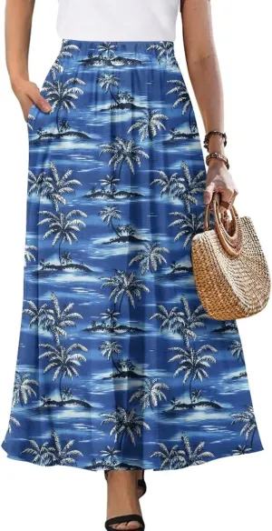 Irisjudy Maxi Skirts for Women with Pockets Retro Flower Bird A Line Beach Vacation Dress Tropical Fruit Flowy Long Skirts