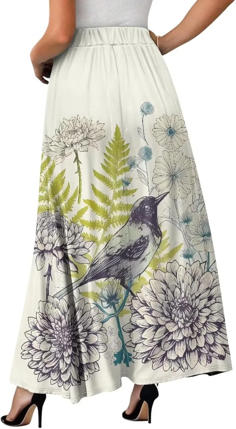 Irisjudy Maxi Skirts for Women with Pockets Retro Flower Bird A Line Beach Vacation Dress Tropical Fruit Flowy Long Skirts
