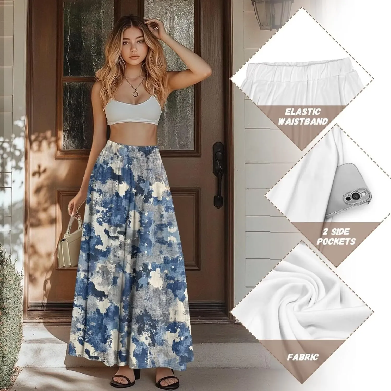 Irisjudy Maxi Skirts for Women with Pockets Retro Flower Bird A Line Beach Vacation Dress Tropical Fruit Flowy Long Skirts