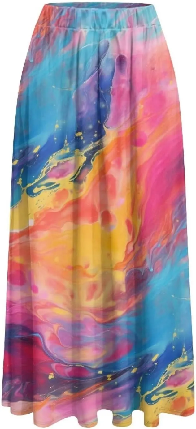Irisjudy Maxi Skirts for Women with Pockets Retro Flower Bird A Line Beach Vacation Dress Tropical Fruit Flowy Long Skirts