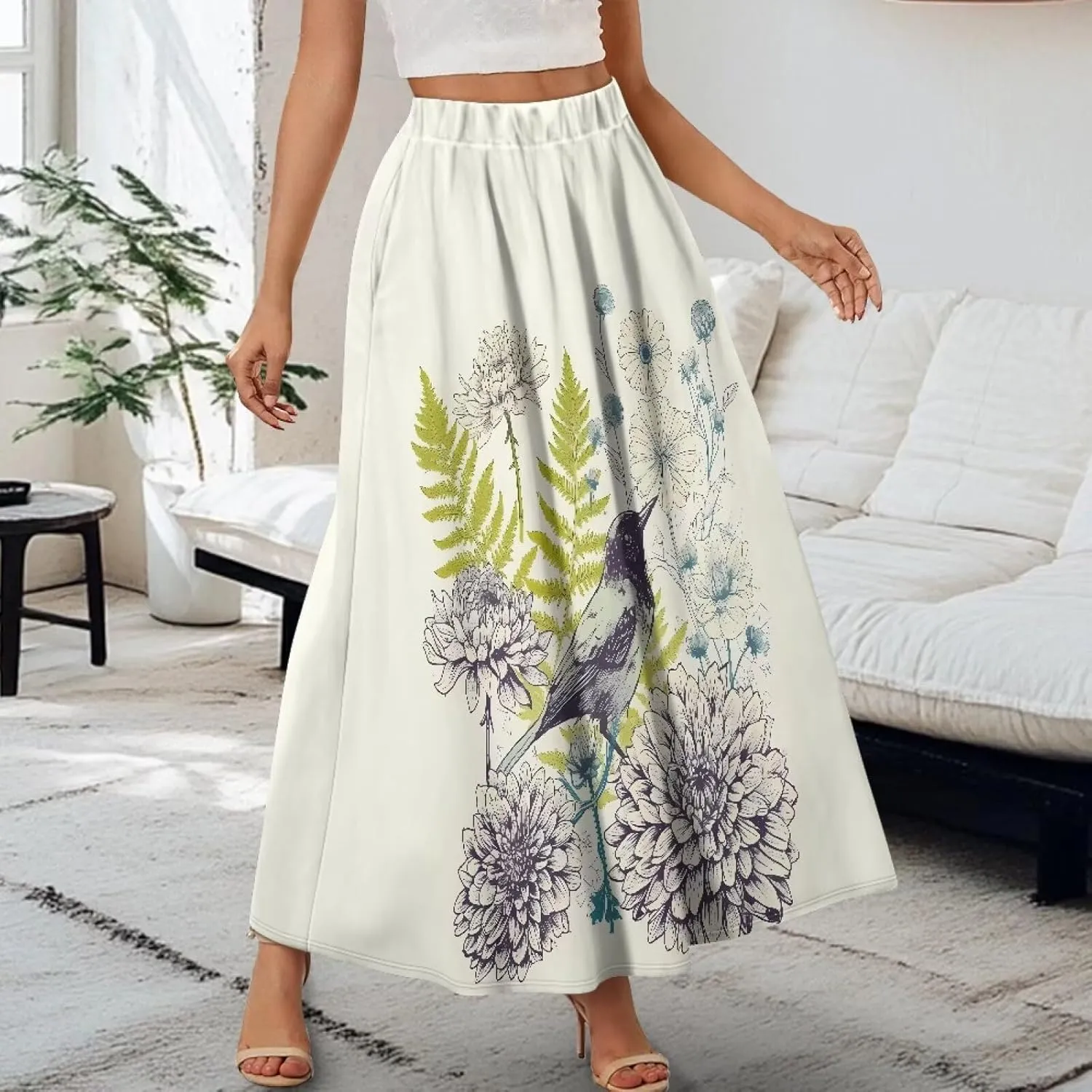 Irisjudy Maxi Skirts for Women with Pockets Retro Flower Bird A Line Beach Vacation Dress Tropical Fruit Flowy Long Skirts