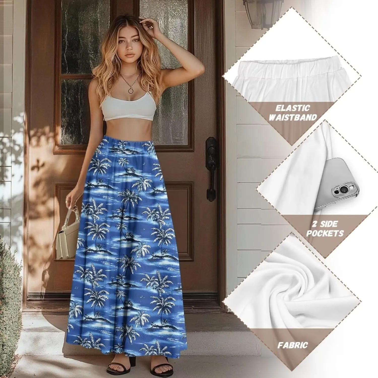 Irisjudy Maxi Skirts for Women with Pockets Retro Flower Bird A Line Beach Vacation Dress Tropical Fruit Flowy Long Skirts