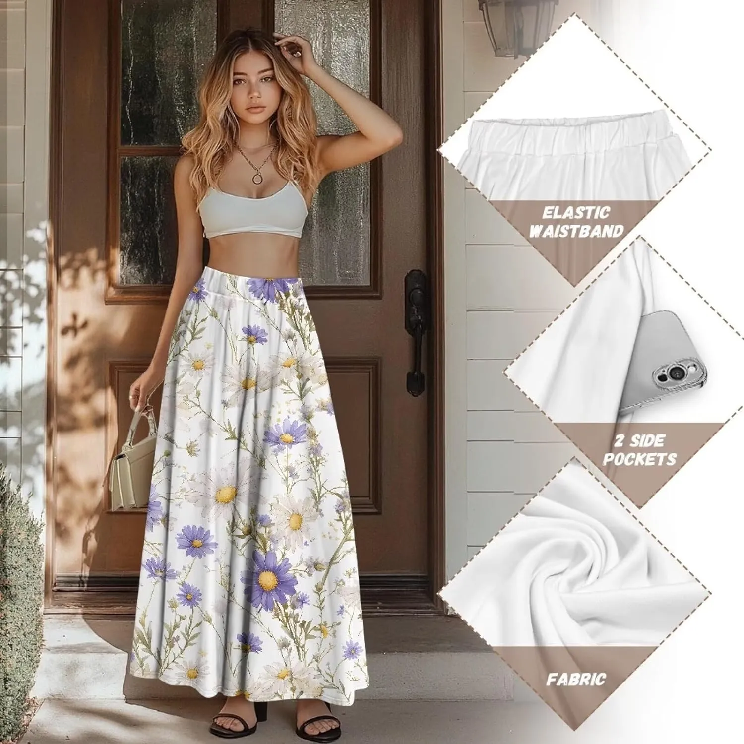 Irisjudy Maxi Skirts for Women with Pockets Retro Flower Bird A Line Beach Vacation Dress Tropical Fruit Flowy Long Skirts