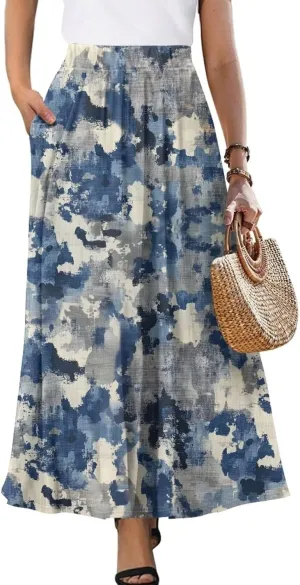 Irisjudy Maxi Skirts for Women with Pockets Retro Flower Bird A Line Beach Vacation Dress Tropical Fruit Flowy Long Skirts