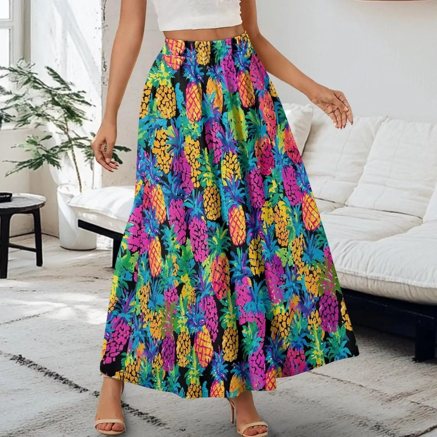 Irisjudy Maxi Skirts for Women with Pockets Retro Flower Bird A Line Beach Vacation Dress Tropical Fruit Flowy Long Skirts