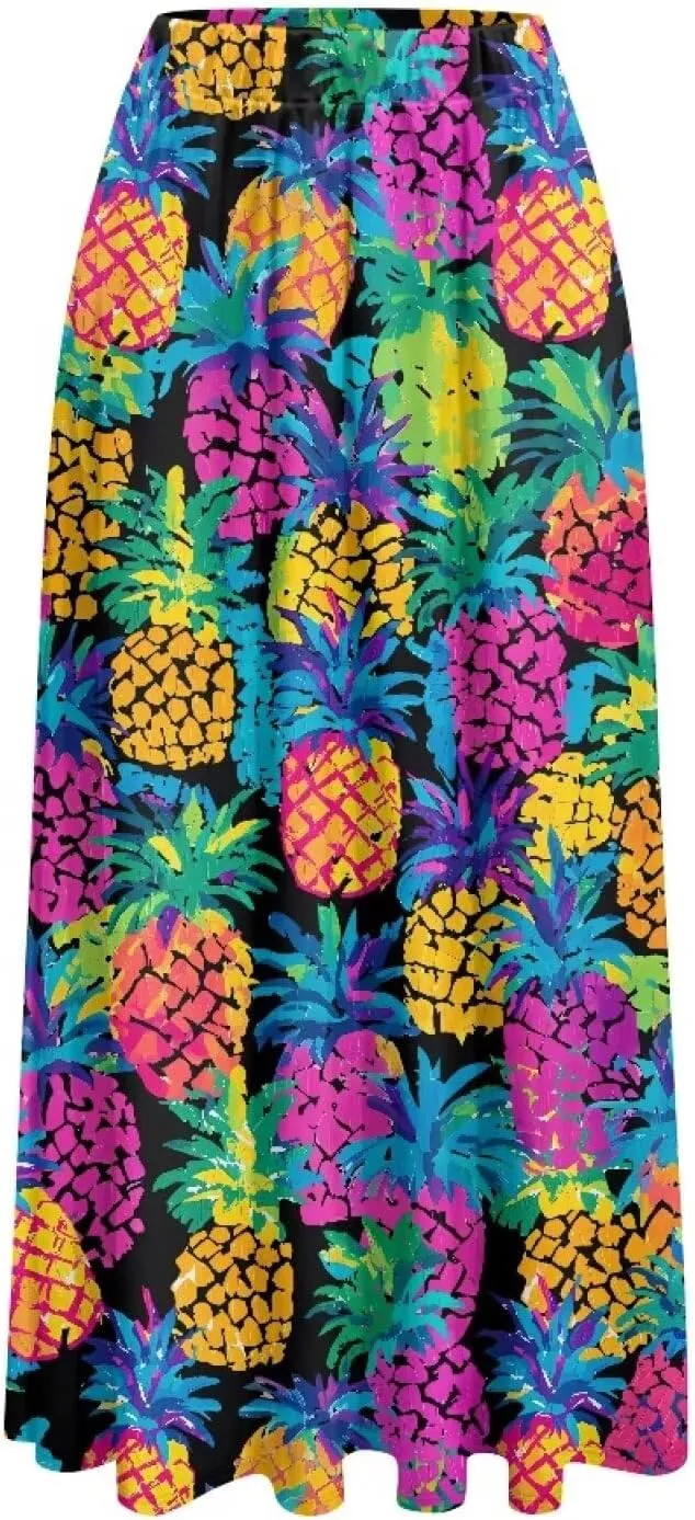 Irisjudy Maxi Skirts for Women with Pockets Retro Flower Bird A Line Beach Vacation Dress Tropical Fruit Flowy Long Skirts