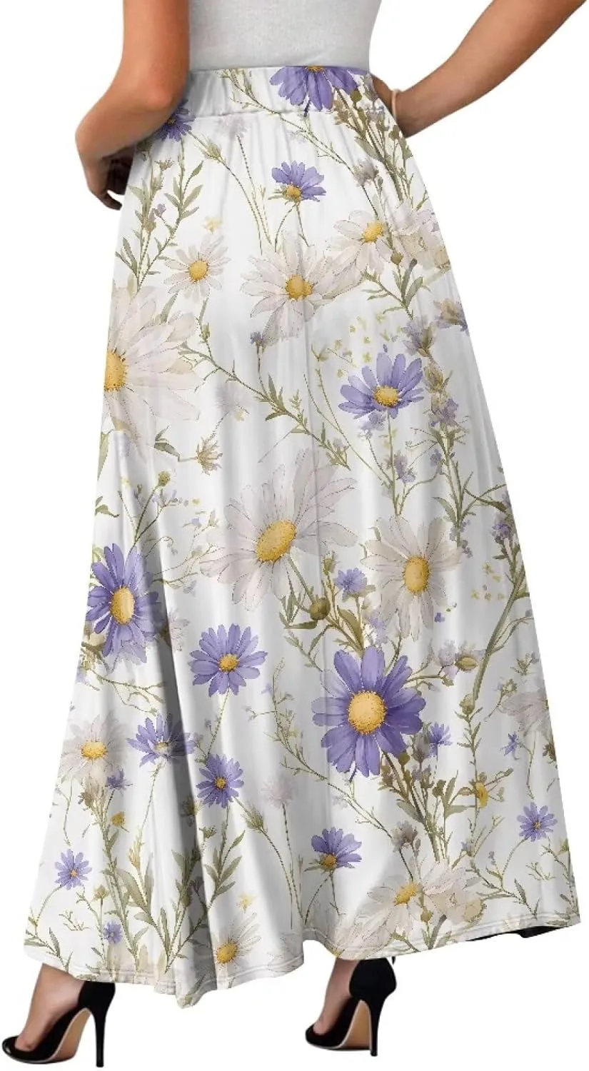 Irisjudy Maxi Skirts for Women with Pockets Retro Flower Bird A Line Beach Vacation Dress Tropical Fruit Flowy Long Skirts