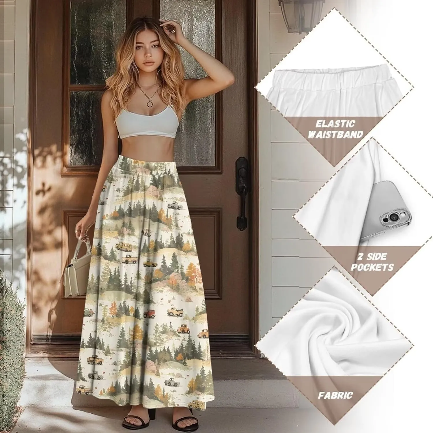 Irisjudy Maxi Skirts for Women with Pockets Retro Flower Bird A Line Beach Vacation Dress Tropical Fruit Flowy Long Skirts