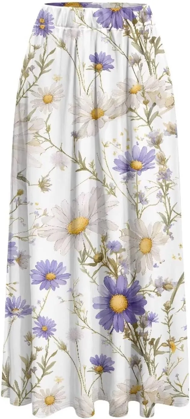 Irisjudy Maxi Skirts for Women with Pockets Retro Flower Bird A Line Beach Vacation Dress Tropical Fruit Flowy Long Skirts