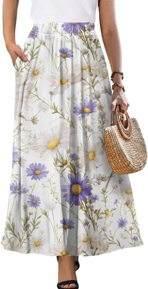 Irisjudy Maxi Skirts for Women with Pockets Retro Flower Bird A Line Beach Vacation Dress Tropical Fruit Flowy Long Skirts