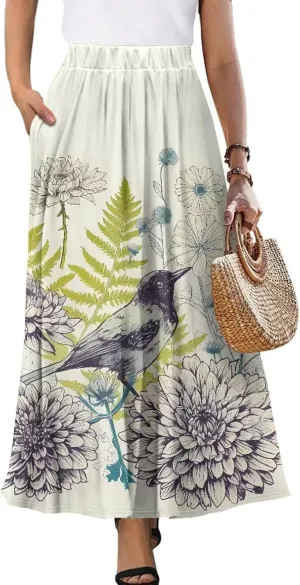 Irisjudy Maxi Skirts for Women with Pockets Retro Flower Bird A Line Beach Vacation Dress Tropical Fruit Flowy Long Skirts