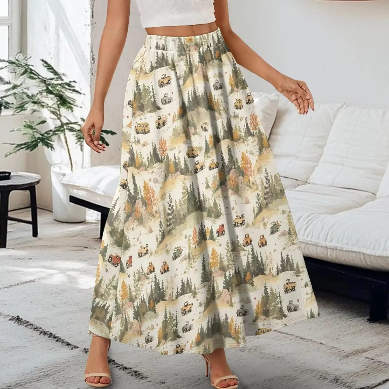 Irisjudy Maxi Skirts for Women with Pockets Retro Flower Bird A Line Beach Vacation Dress Tropical Fruit Flowy Long Skirts