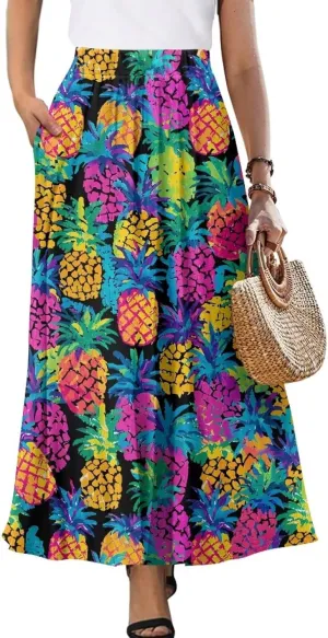 Irisjudy Maxi Skirts for Women with Pockets Retro Flower Bird A Line Beach Vacation Dress Tropical Fruit Flowy Long Skirts