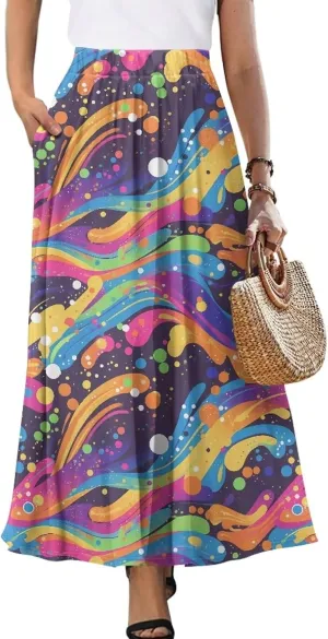 Irisjudy Women Elastic Waist Maxi Skirts Tropical Plant Flower Ankle Length Pleated Long Skirt Jamaican Lion Beach Maxi Skirt