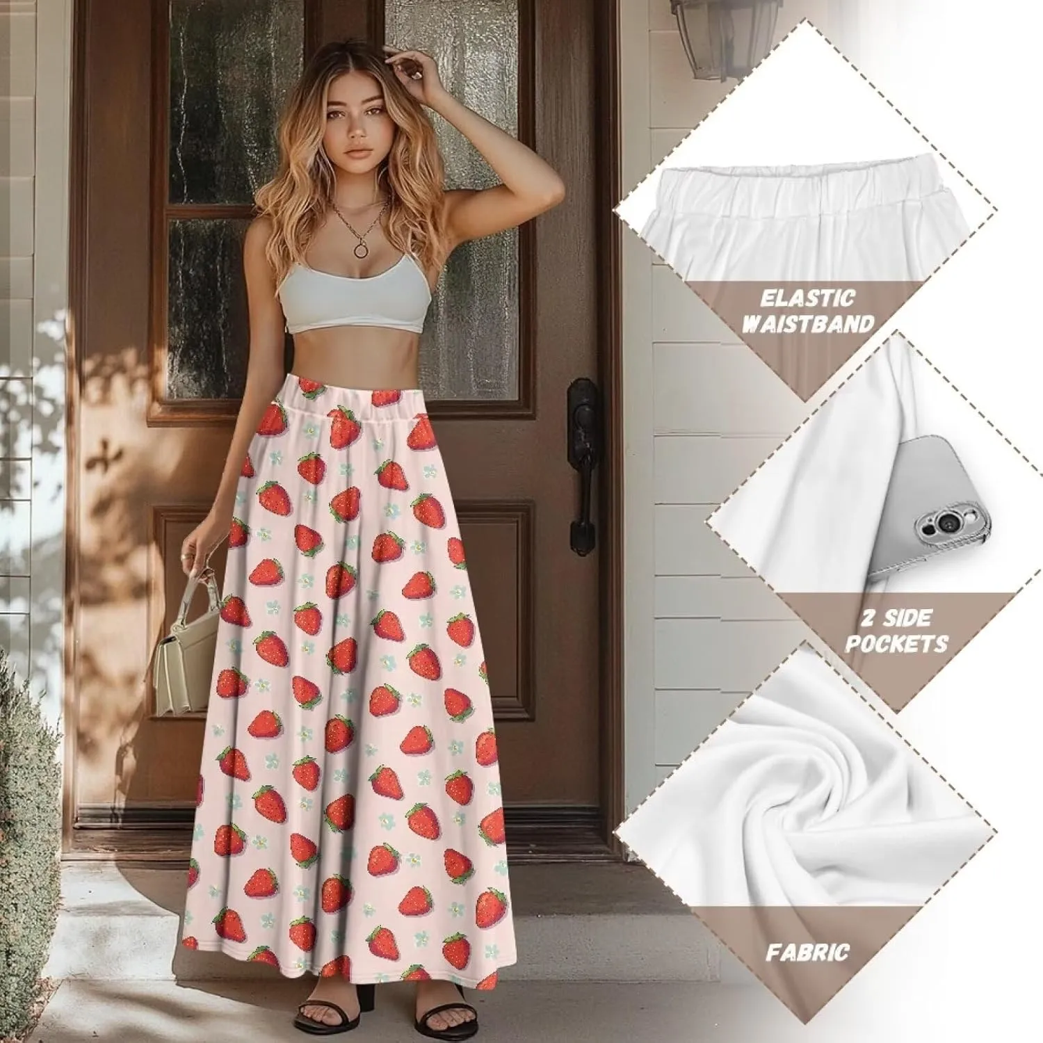 Irisjudy Women Elastic Waist Maxi Skirts Tropical Plant Flower Ankle Length Pleated Long Skirt Jamaican Lion Beach Maxi Skirt