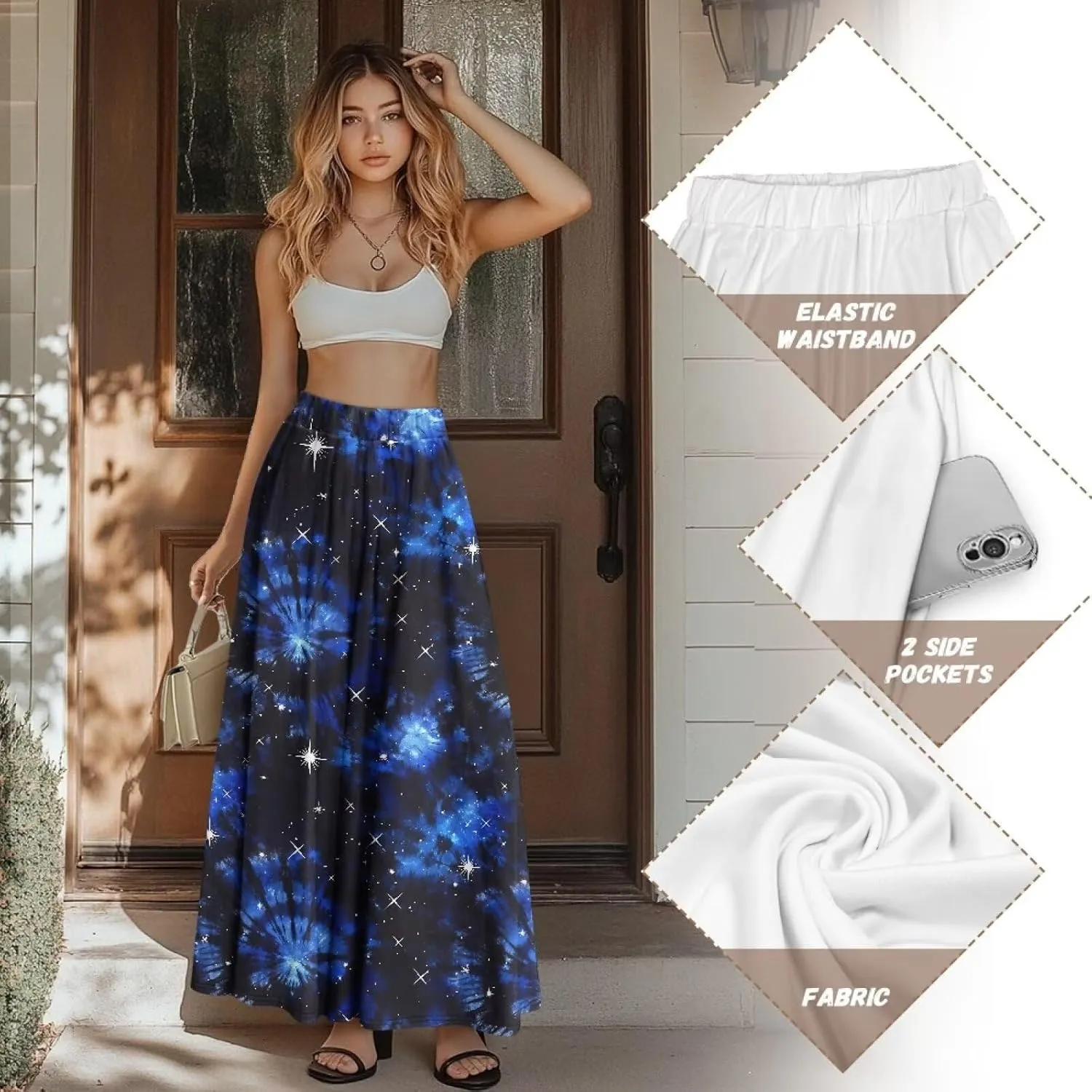 Irisjudy Women Elastic Waist Maxi Skirts Tropical Plant Flower Ankle Length Pleated Long Skirt Jamaican Lion Beach Maxi Skirt