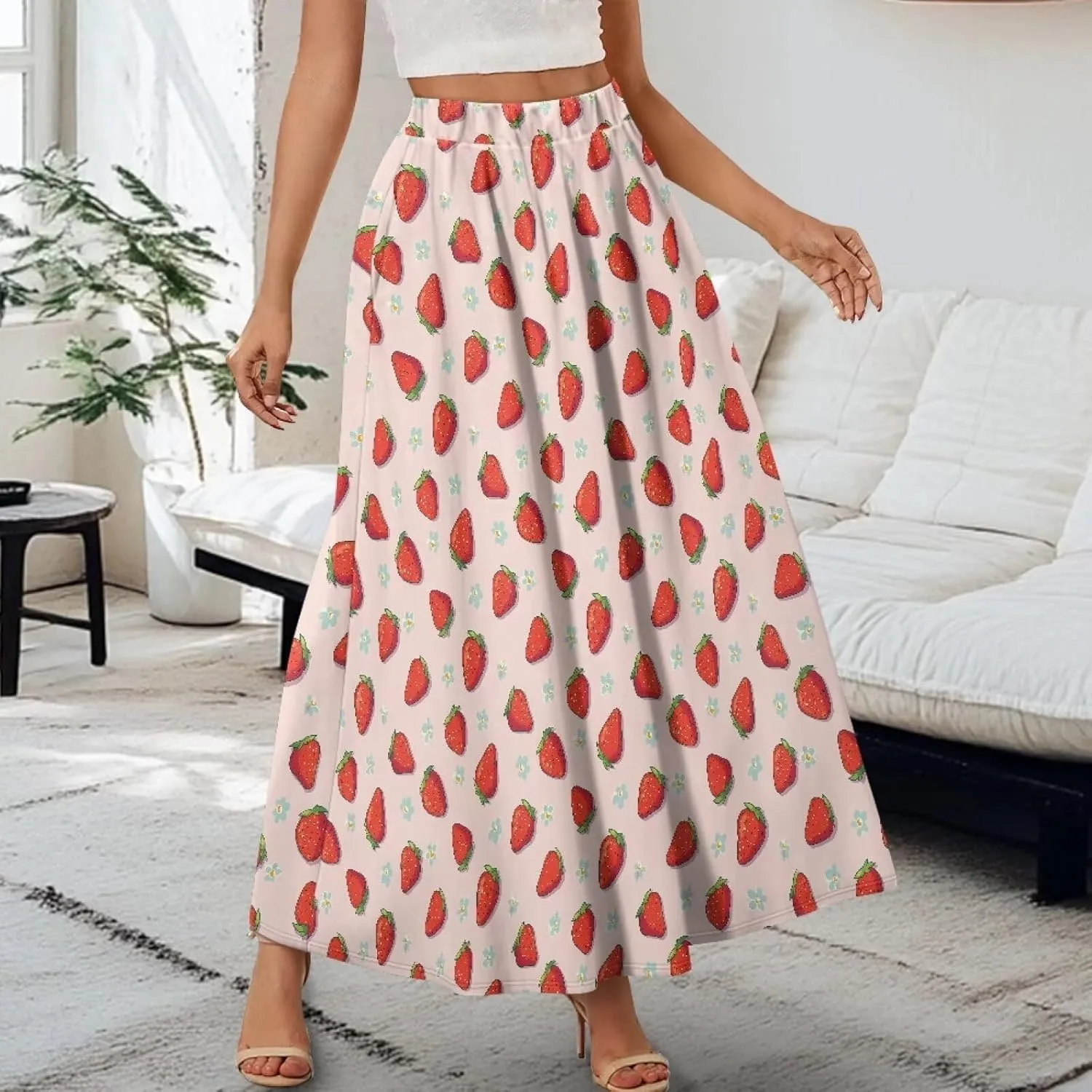 Irisjudy Women Elastic Waist Maxi Skirts Tropical Plant Flower Ankle Length Pleated Long Skirt Jamaican Lion Beach Maxi Skirt