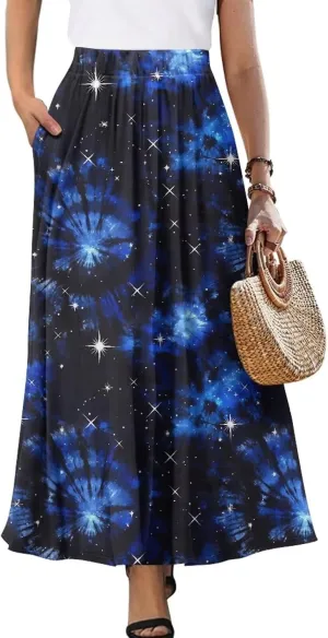Irisjudy Women Elastic Waist Maxi Skirts Tropical Plant Flower Ankle Length Pleated Long Skirt Jamaican Lion Beach Maxi Skirt