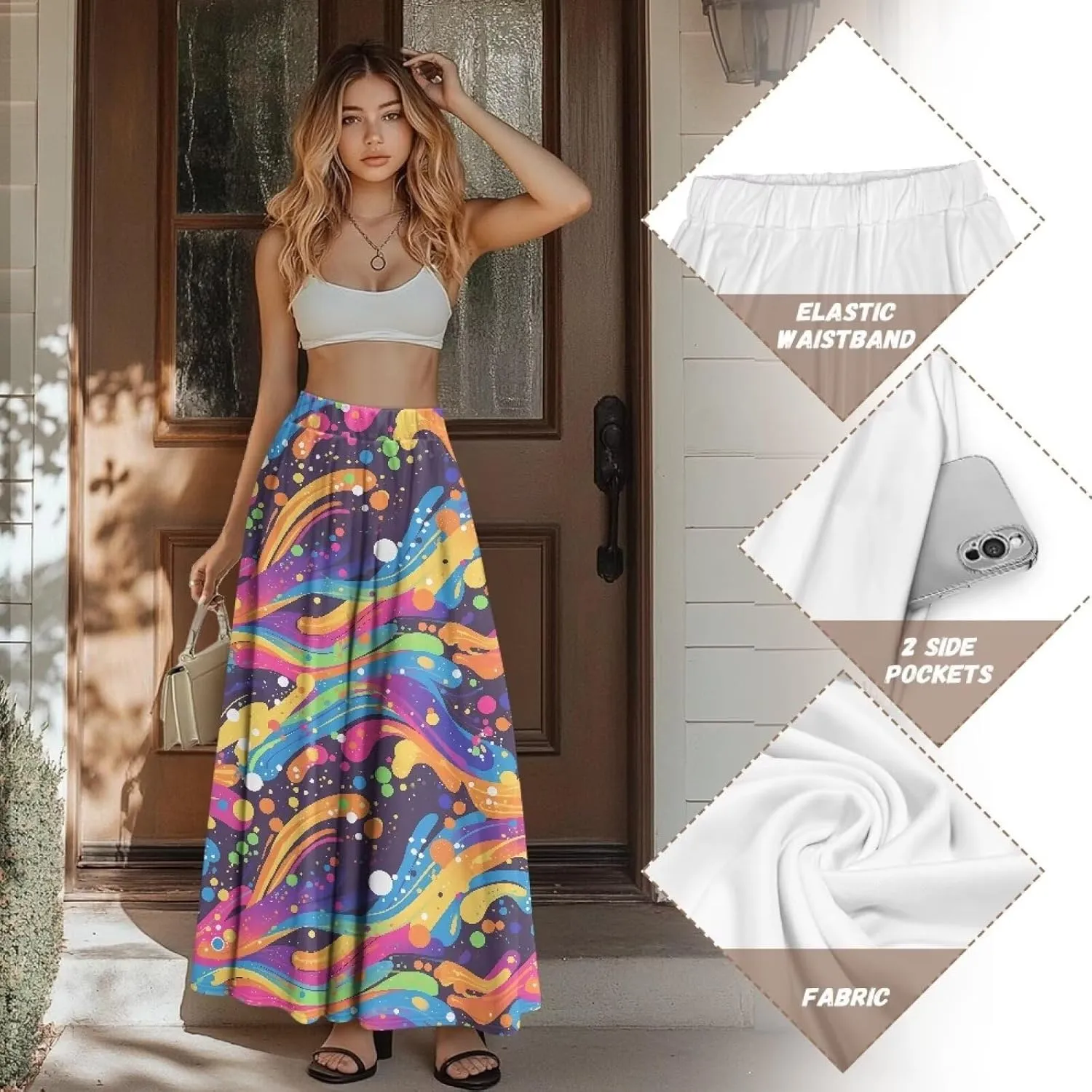 Irisjudy Women Elastic Waist Maxi Skirts Tropical Plant Flower Ankle Length Pleated Long Skirt Jamaican Lion Beach Maxi Skirt