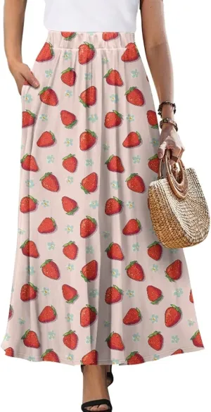 Irisjudy Women Elastic Waist Maxi Skirts Tropical Plant Flower Ankle Length Pleated Long Skirt Jamaican Lion Beach Maxi Skirt