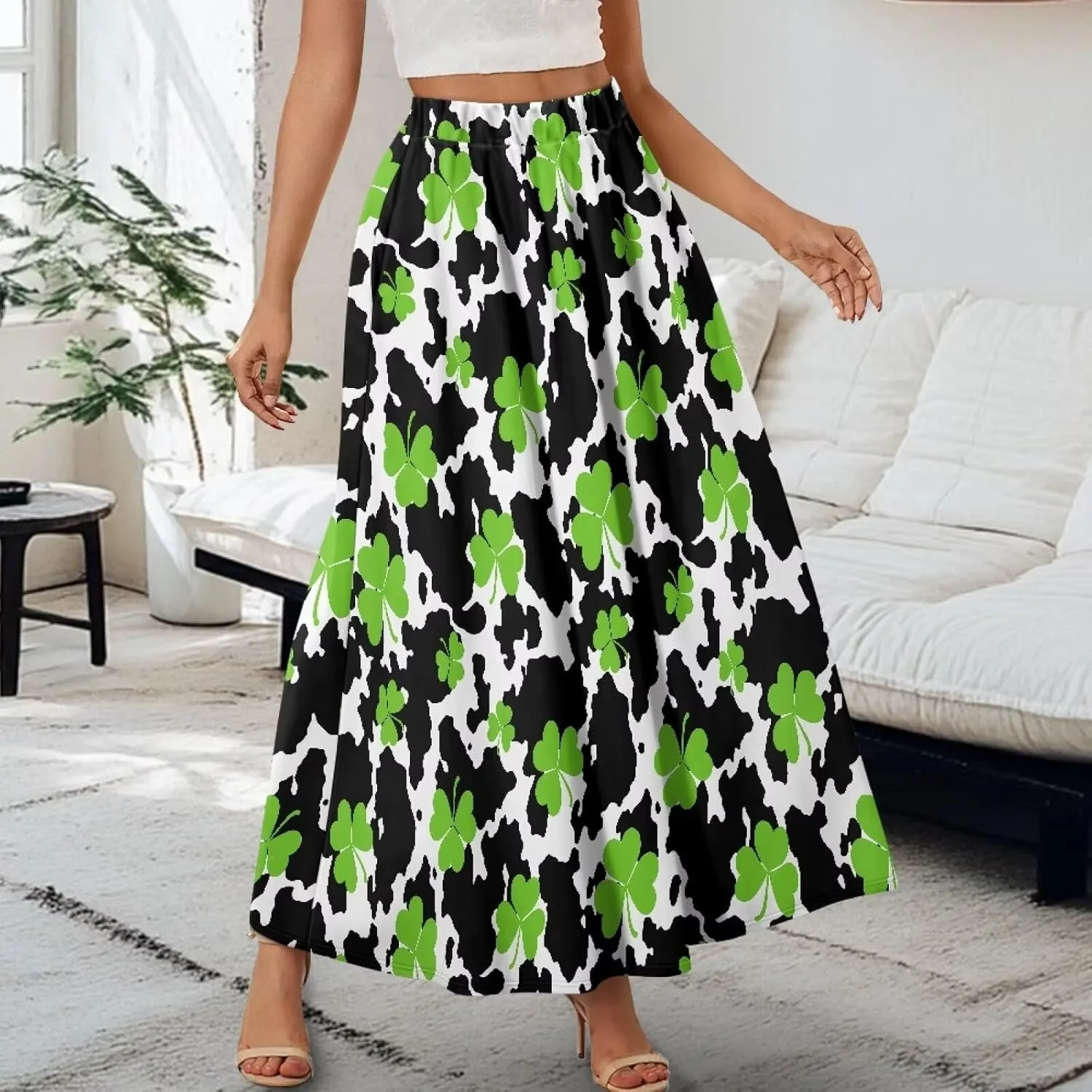 Irisjudy Women Elastic Waist Maxi Skirts Tropical Plant Flower Ankle Length Pleated Long Skirt Jamaican Lion Beach Maxi Skirt