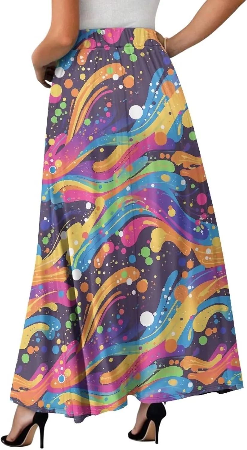 Irisjudy Women Elastic Waist Maxi Skirts Tropical Plant Flower Ankle Length Pleated Long Skirt Jamaican Lion Beach Maxi Skirt