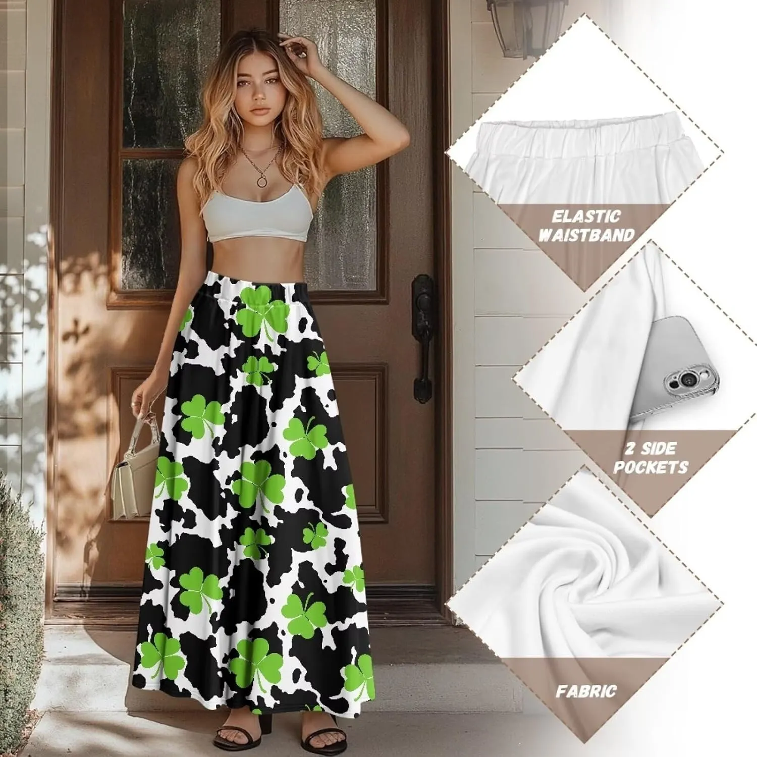 Irisjudy Women Elastic Waist Maxi Skirts Tropical Plant Flower Ankle Length Pleated Long Skirt Jamaican Lion Beach Maxi Skirt