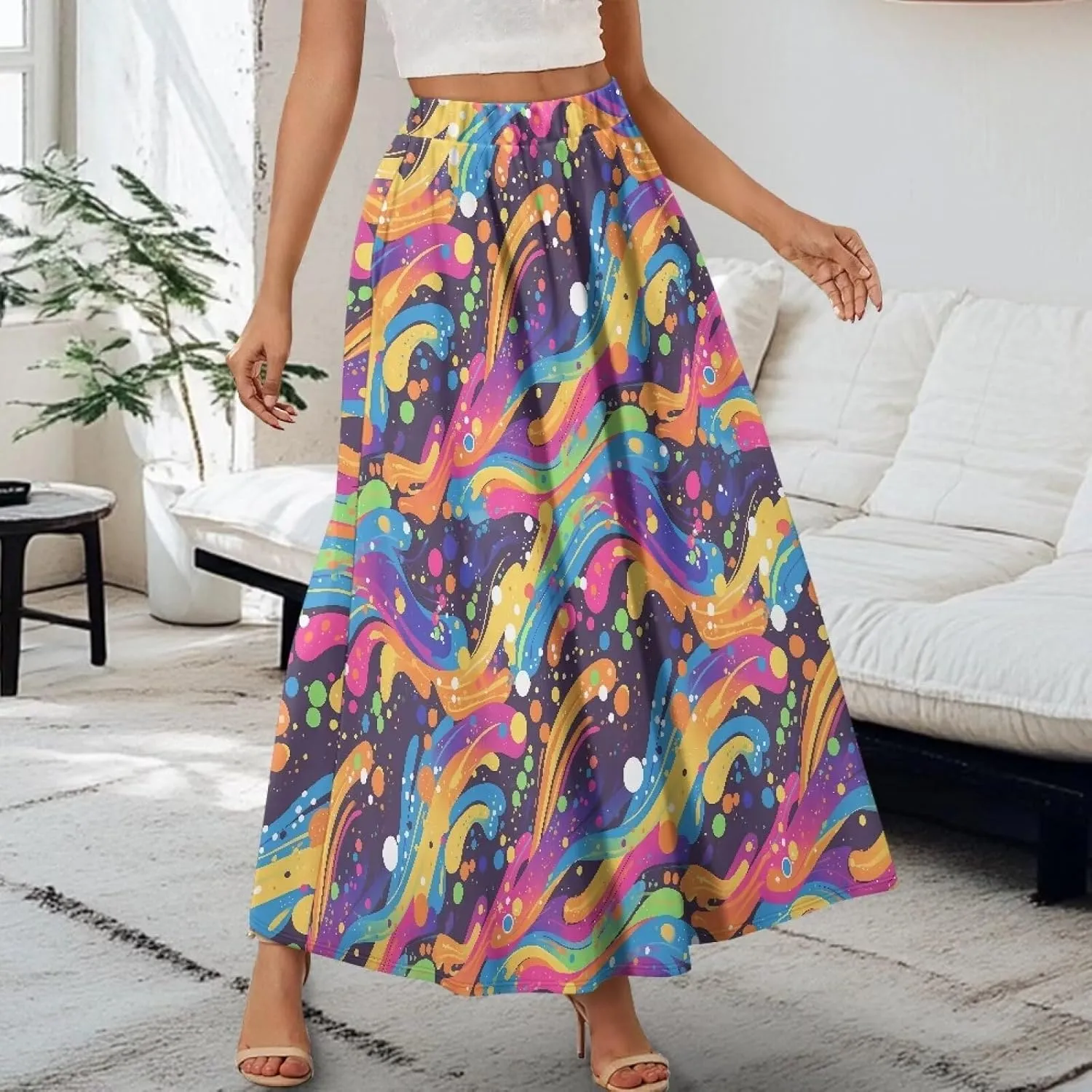 Irisjudy Women Elastic Waist Maxi Skirts Tropical Plant Flower Ankle Length Pleated Long Skirt Jamaican Lion Beach Maxi Skirt