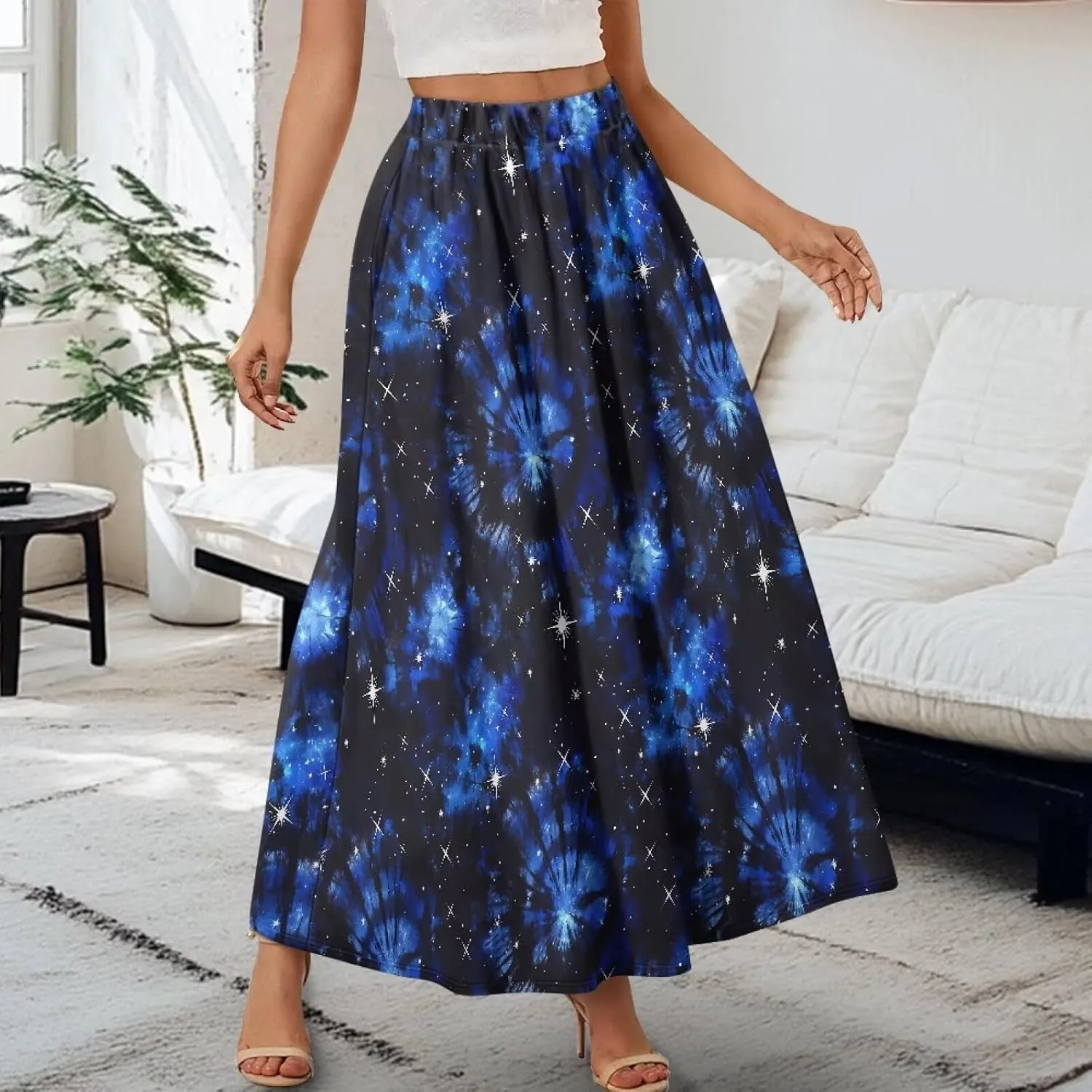Irisjudy Women Elastic Waist Maxi Skirts Tropical Plant Flower Ankle Length Pleated Long Skirt Jamaican Lion Beach Maxi Skirt