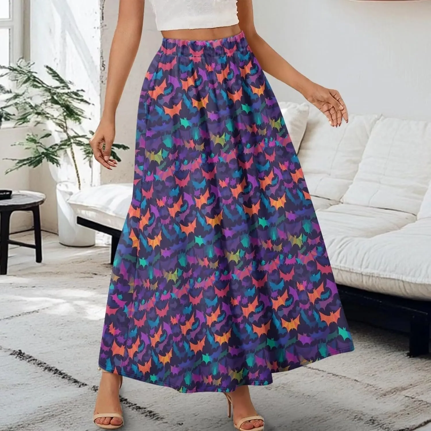 Irisjudy Women's Flowy Maxi Skirt Boho Totem Elastic Waist Long Skirts Magic Mushroom Swing Maxi Long Skirt Dress with Pocket