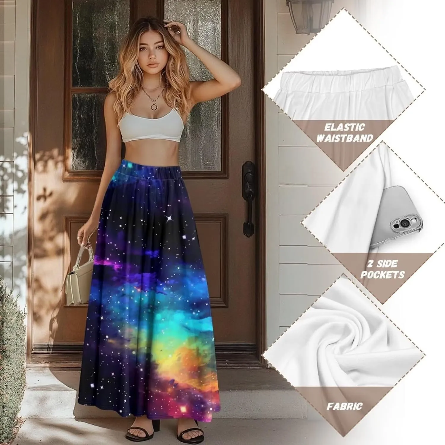 Irisjudy Women's Flowy Maxi Skirt Boho Totem Elastic Waist Long Skirts Magic Mushroom Swing Maxi Long Skirt Dress with Pocket