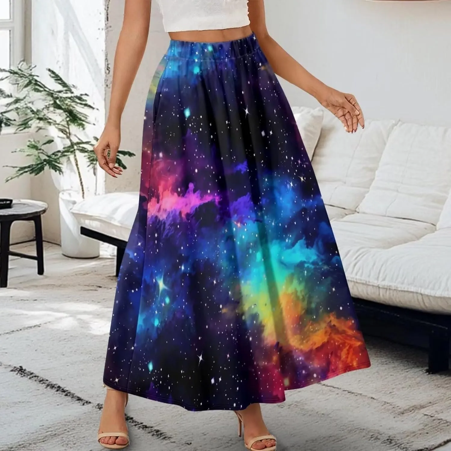 Irisjudy Women's Flowy Maxi Skirt Boho Totem Elastic Waist Long Skirts Magic Mushroom Swing Maxi Long Skirt Dress with Pocket