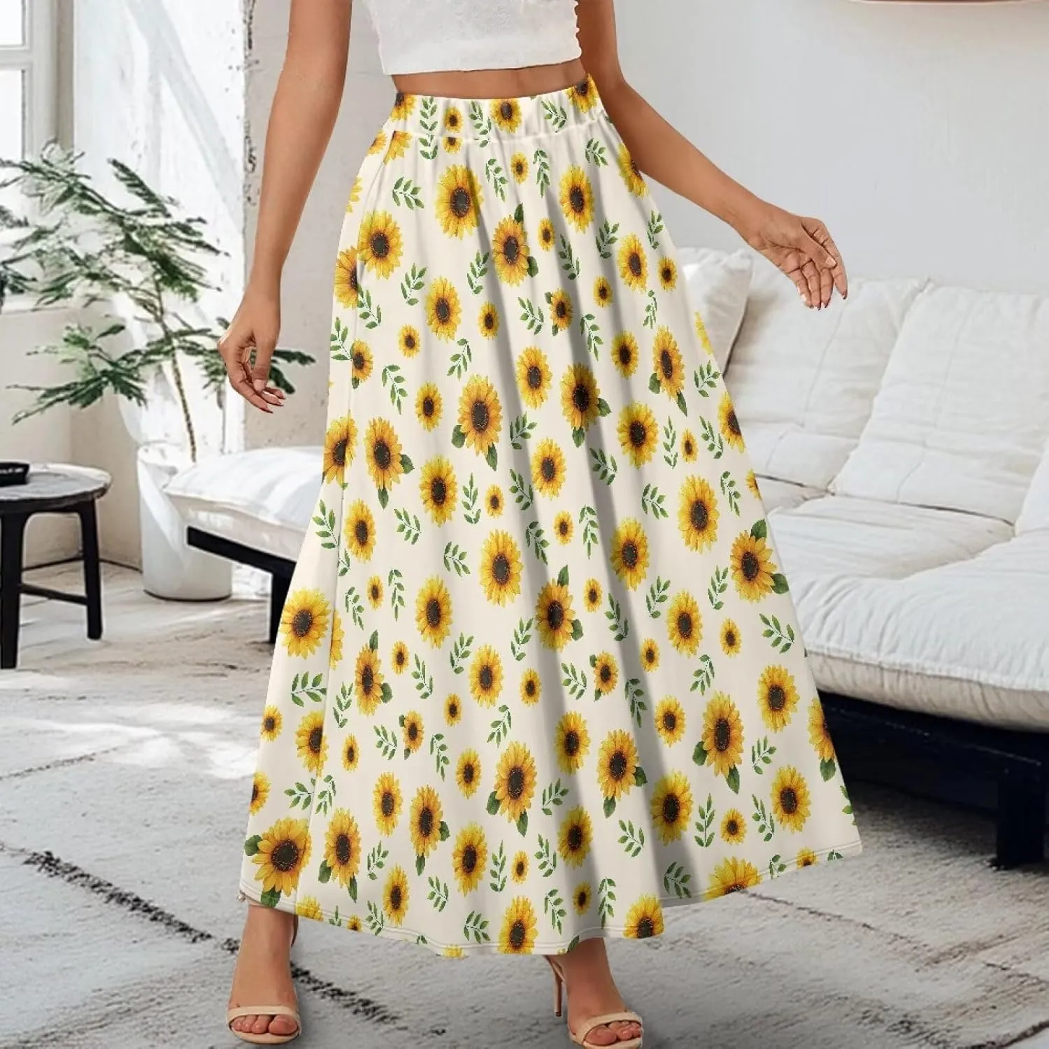 Irisjudy Women's Flowy Maxi Skirt Boho Totem Elastic Waist Long Skirts Magic Mushroom Swing Maxi Long Skirt Dress with Pocket