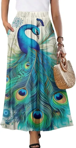 Irisjudy Women's Flowy Maxi Skirt Boho Totem Elastic Waist Long Skirts Magic Mushroom Swing Maxi Long Skirt Dress with Pocket