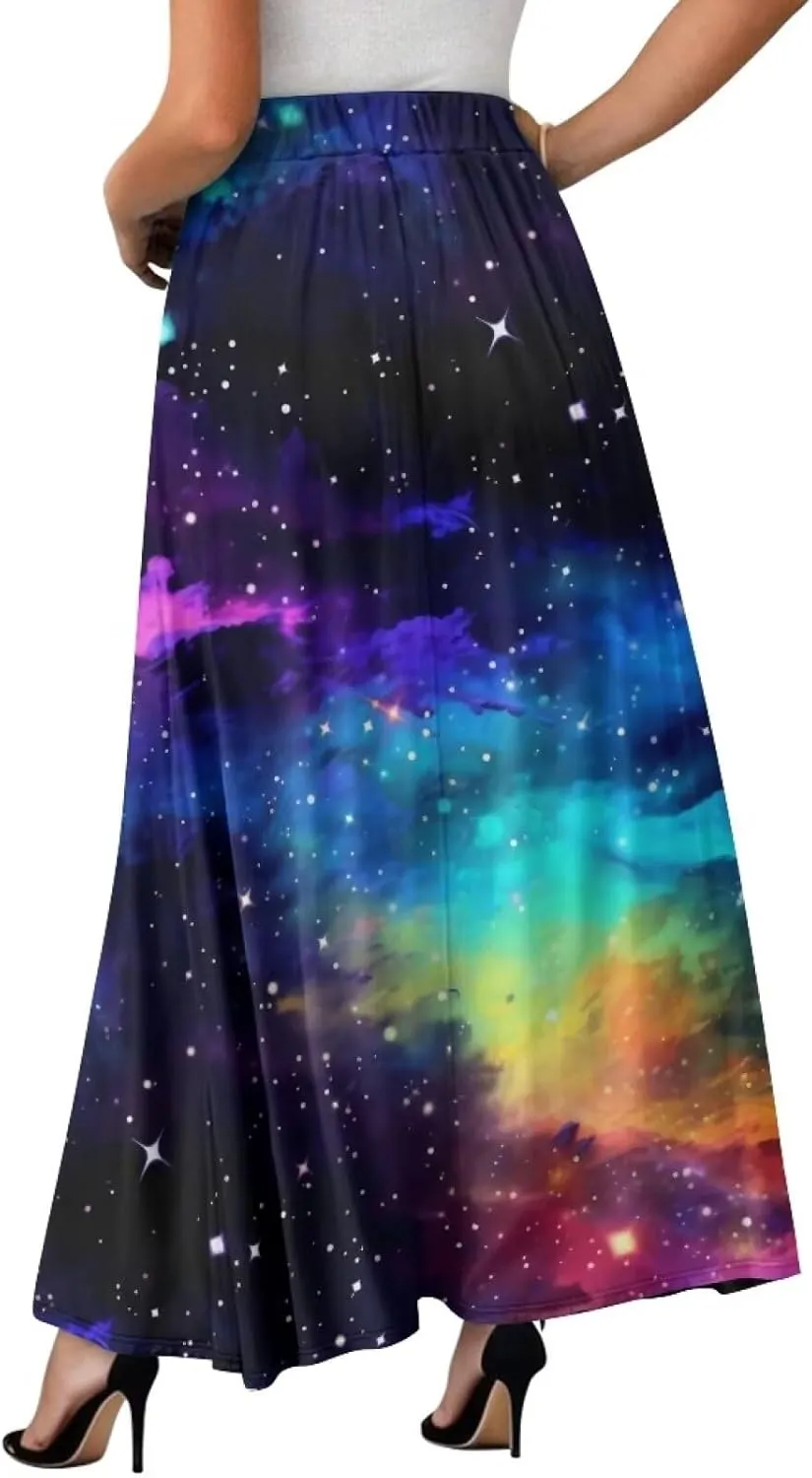 Irisjudy Women's Flowy Maxi Skirt Boho Totem Elastic Waist Long Skirts Magic Mushroom Swing Maxi Long Skirt Dress with Pocket